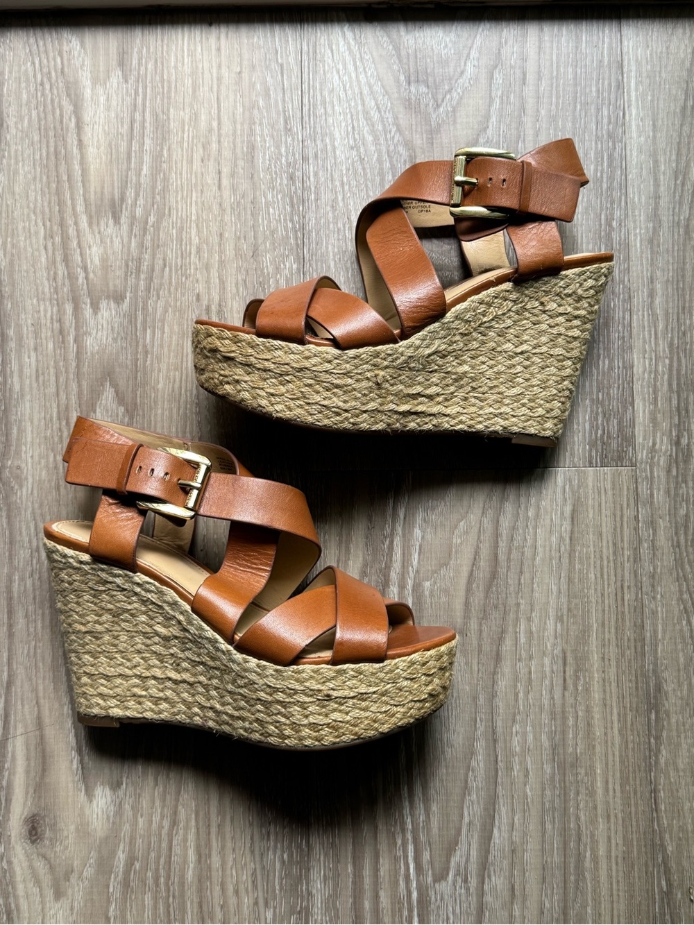 Women’s Michael Kors Tan Leather Espadrille Wedge Sandals with Buckle